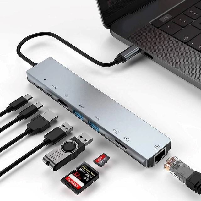 Adaptador Hub 8 En 1 Tipo C, Ethernet, Hdmi, Usb, Sd, Td