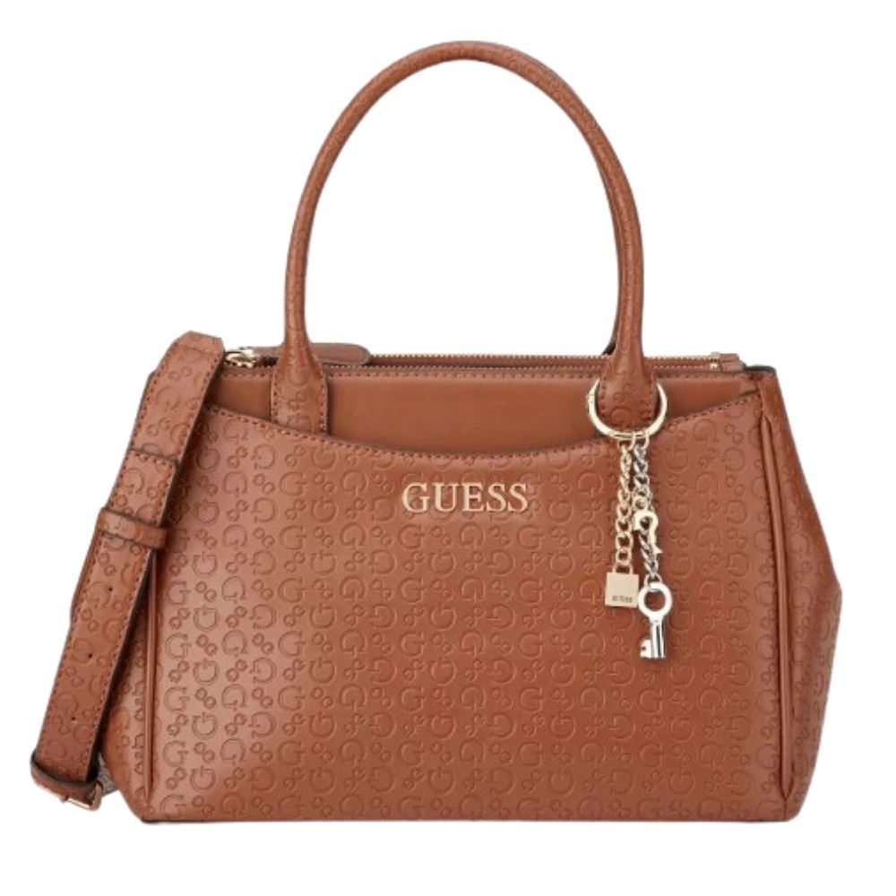 Bolsa Guess Satchel Mujer Elliot Café Estampado Marrón Lisa Níquel