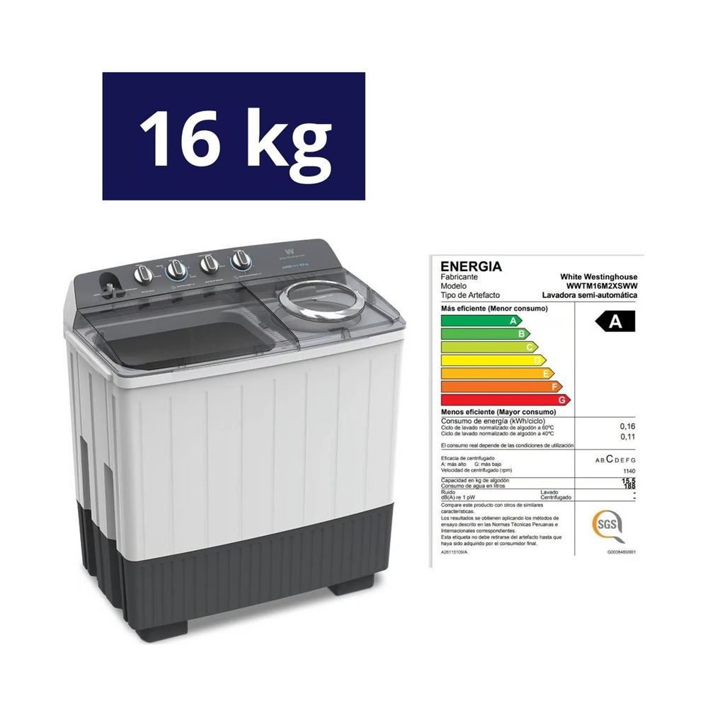 Lavadora Semiautomática Westinghouse WWTM16M2XSWW 16KG