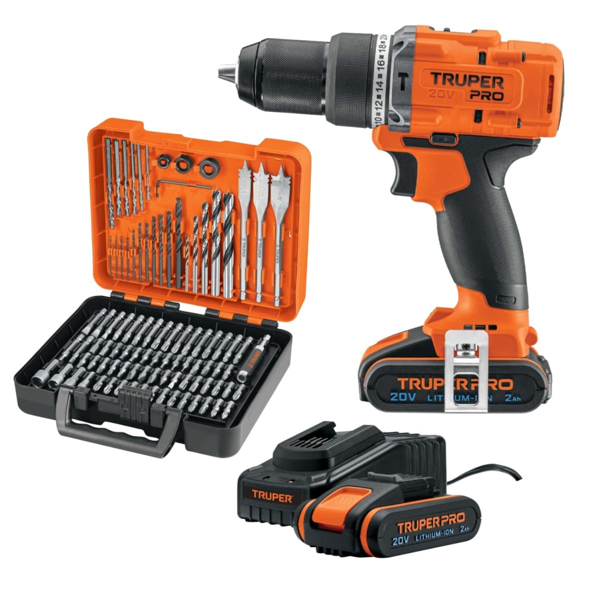 Taladro percutor 2 baterias + juego de 100 brocas y puntas Truper