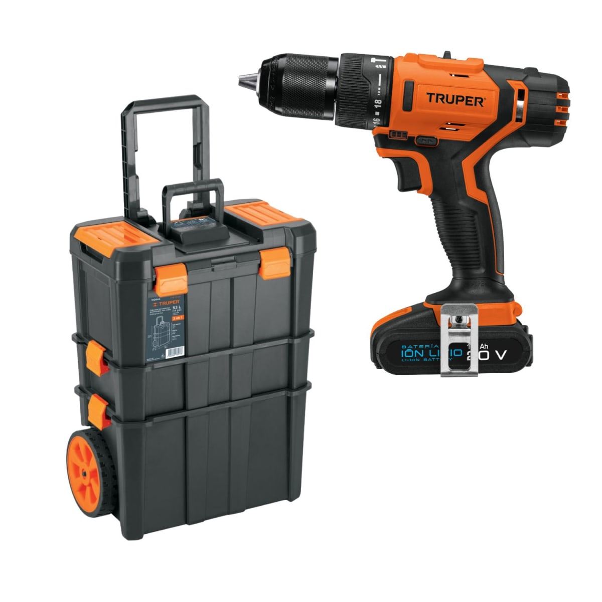Taladro Percutor + Caja de herramientas 3 en 1 con ruedas Truper