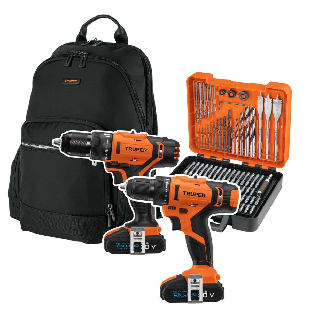 KIT TALADRO PERCUTOR Y ATORNILLADOR CON BROCAS Y MOCHILA TRUPER