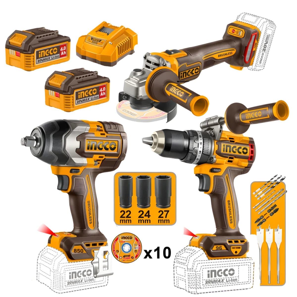 Taladro percutor 96nm + Llave de impacto 850nm + Amoladora 20v Ingco