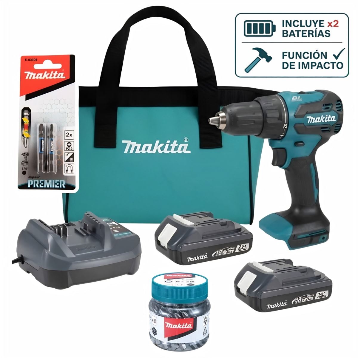 Taladro percutor 18V + 2 baterias 2ah + 50 puntas PH2 Makita