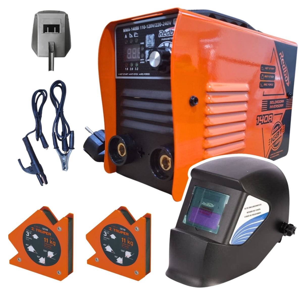 Soldadora inversora 140A + mascara para soldar Redbo + 2 escuadra magnetica