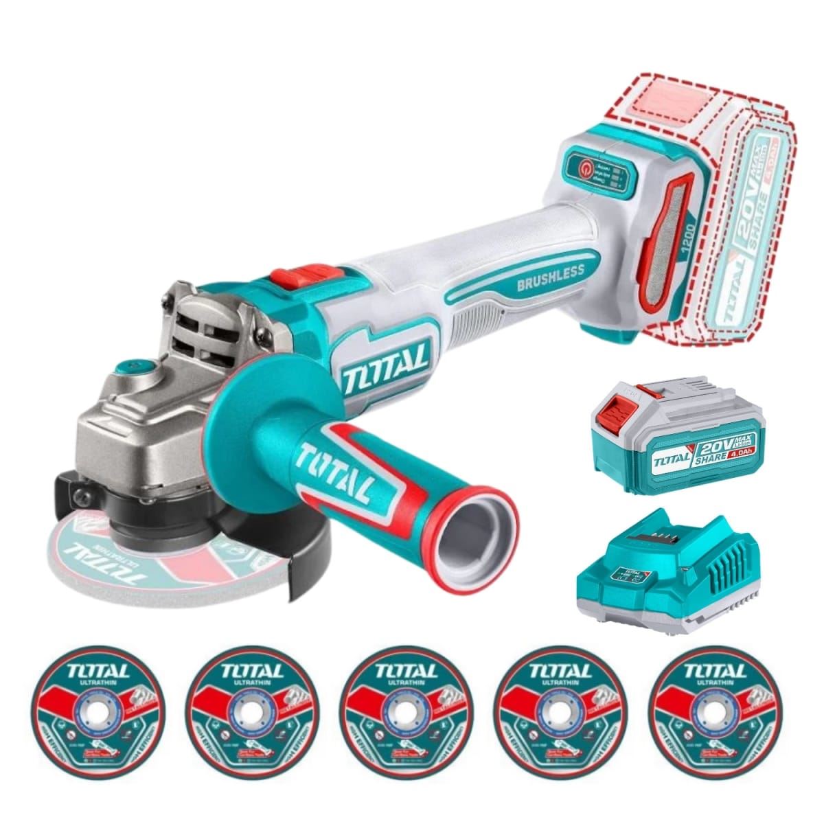 Amoladora inalámbrica 4½" incluye batería y cargador Total