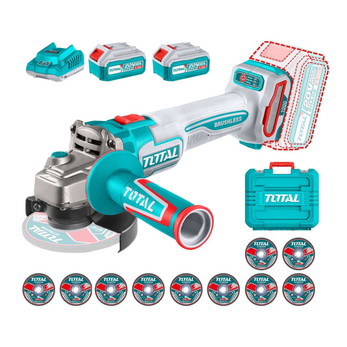 Amoladora 4½" 20v + 2 baterías 4ah y cargador Total