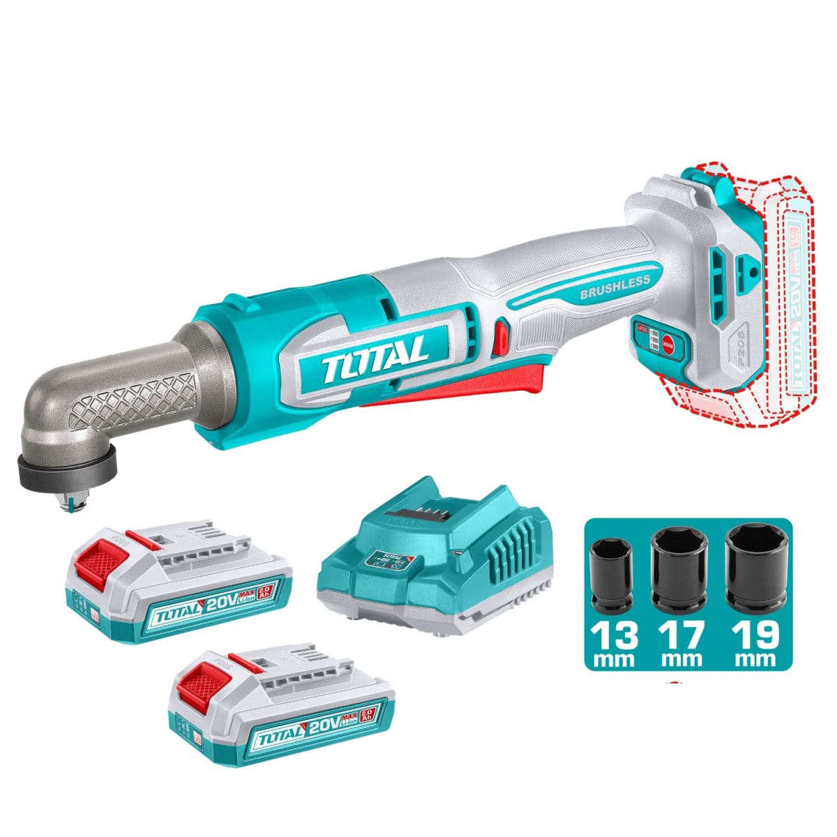 Llave de impacto recta 3/8" 20V con 2 baterias y cargador Total