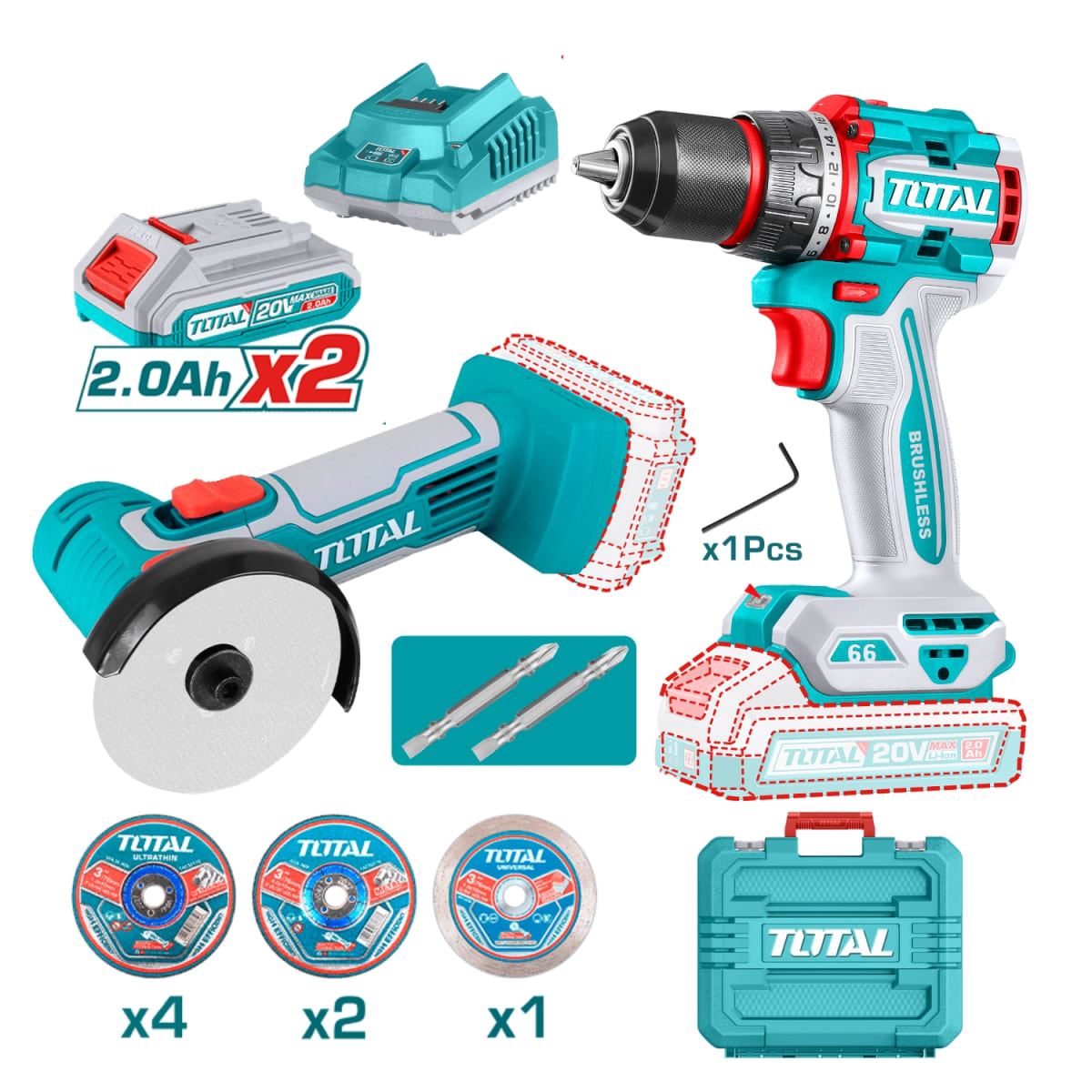 Combo Taladro Percutor 66nm + Amoladora 3'' + 2 Bateria y 1 Cargador 20v Total