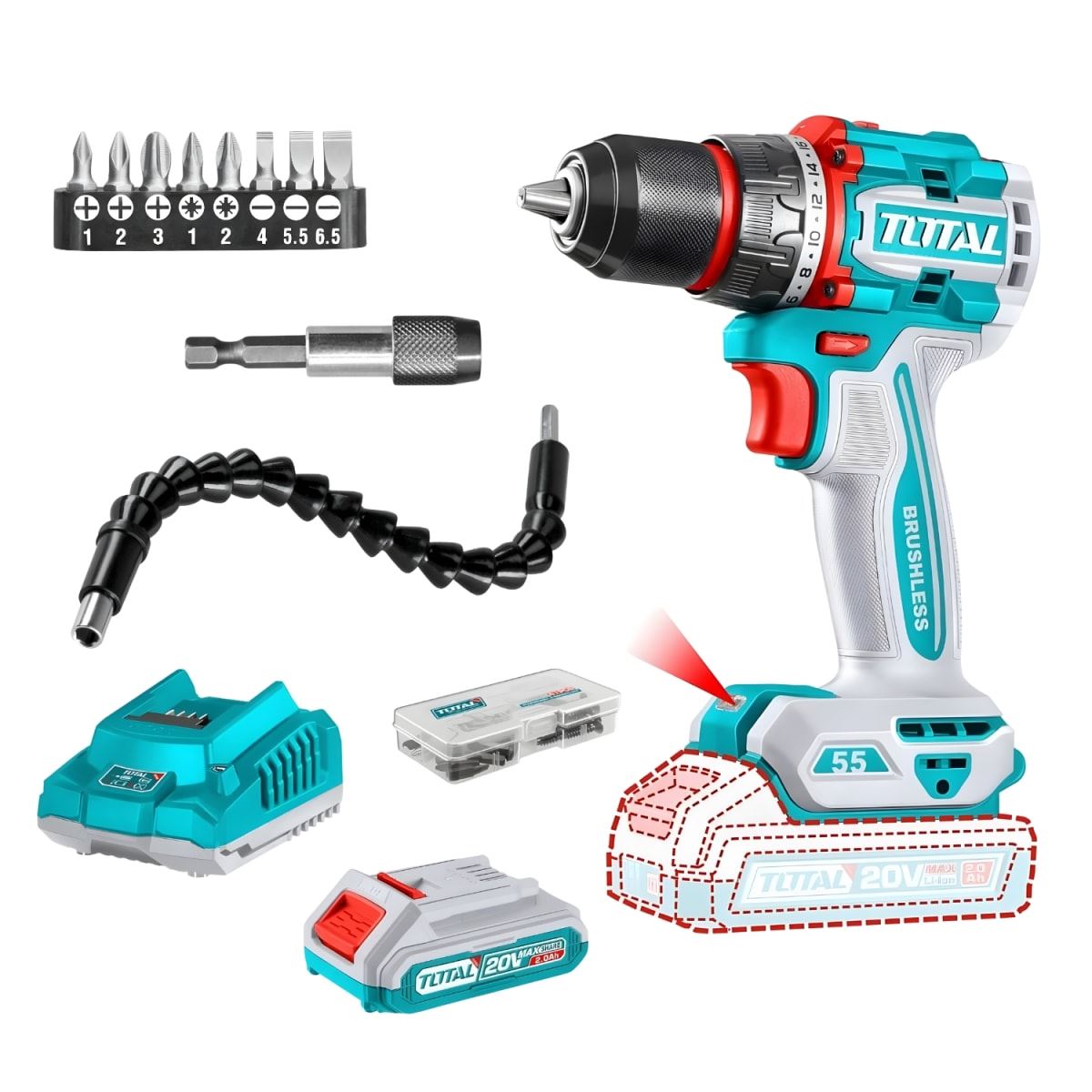 Taladro Atornillador 55nm + Accesorios + Bateria y Cargador 20v Total