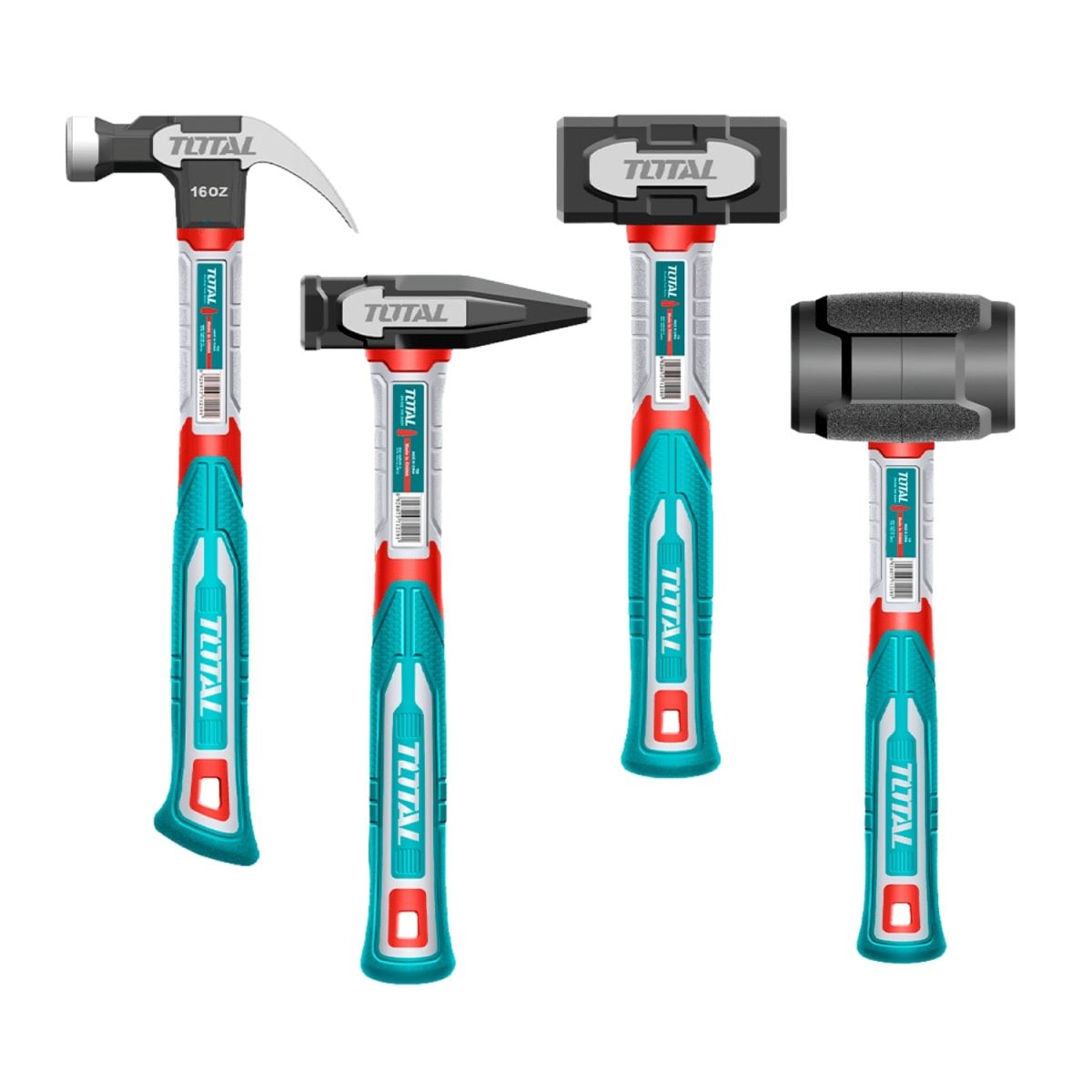 Set de Martillos : Uña 16oz + Mecanico 500g + Albanil 100g + Goma 16oz Total