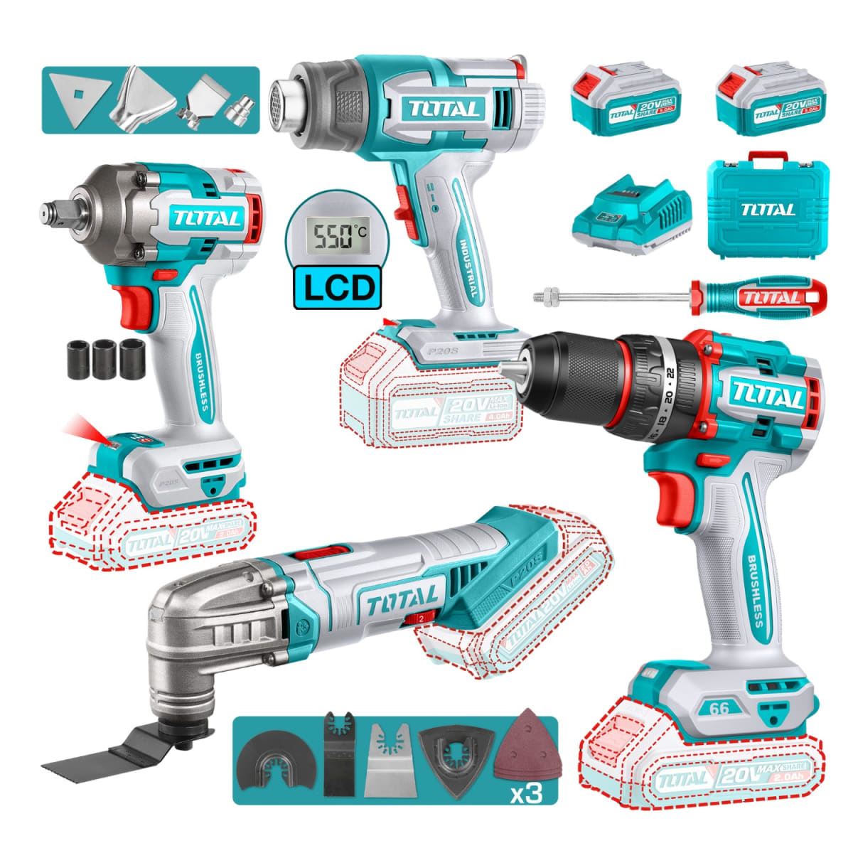 Taladro percutor 66nm + llave de impacto + pistola de calor + herramienta multifunción Total