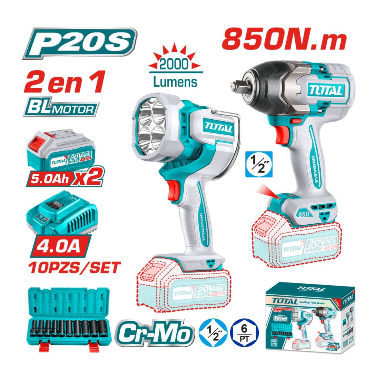 Combo llave de impacto 850Nm + linterna Total