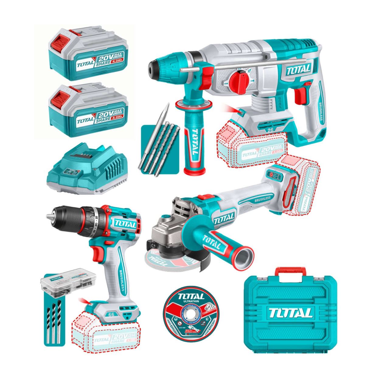 Mega Combo Industrial Taladro + Amoladora + Rotomartillo Total