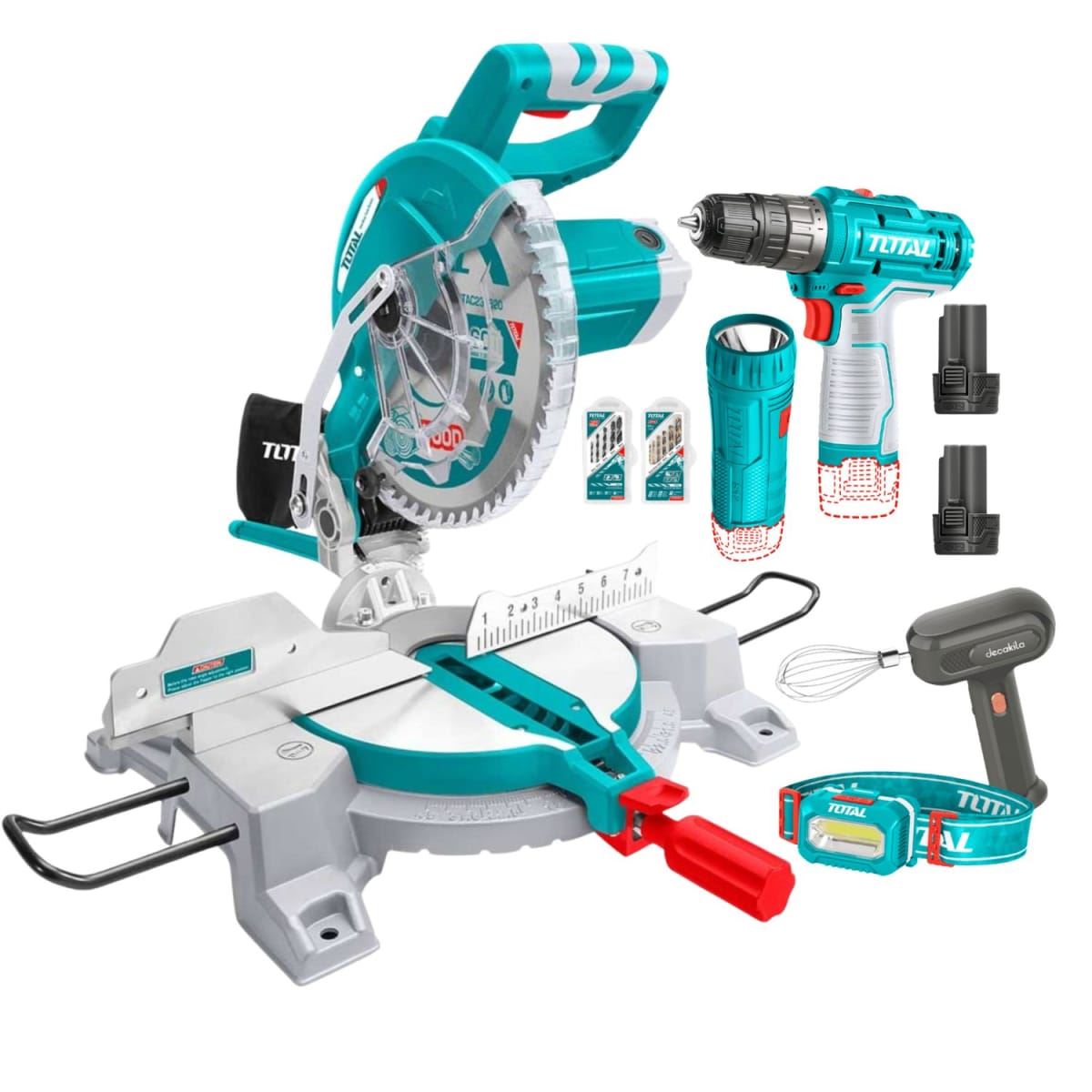 Sierra ingleteadora 1800w 10"+ Taladro 12v + linterna Total