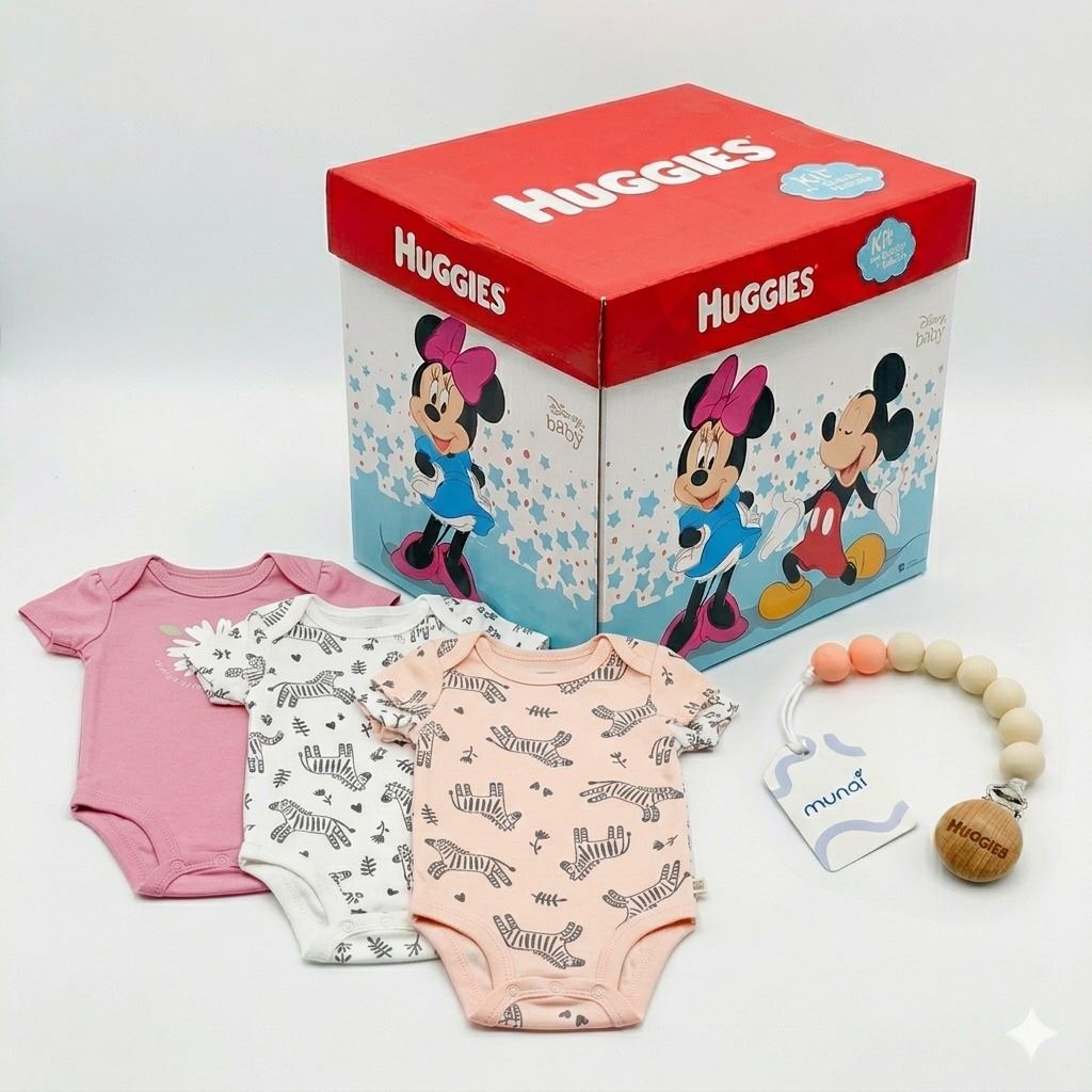 BODY NIÑA HUGGIES PACK X3 ALGODÓN ORGÁNICO ZEBRA ROSADA 6 MESES + PORTACHUPÓN Y CAJA DISNEY DE REGALO